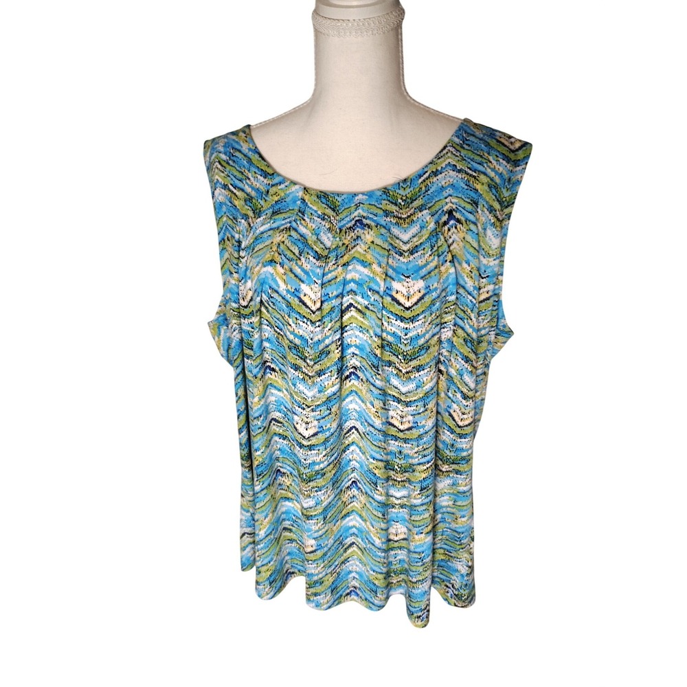Kasper‎ Women Blue Green Abstract Chevron Pleated Scoop Neck Tank Top 2X